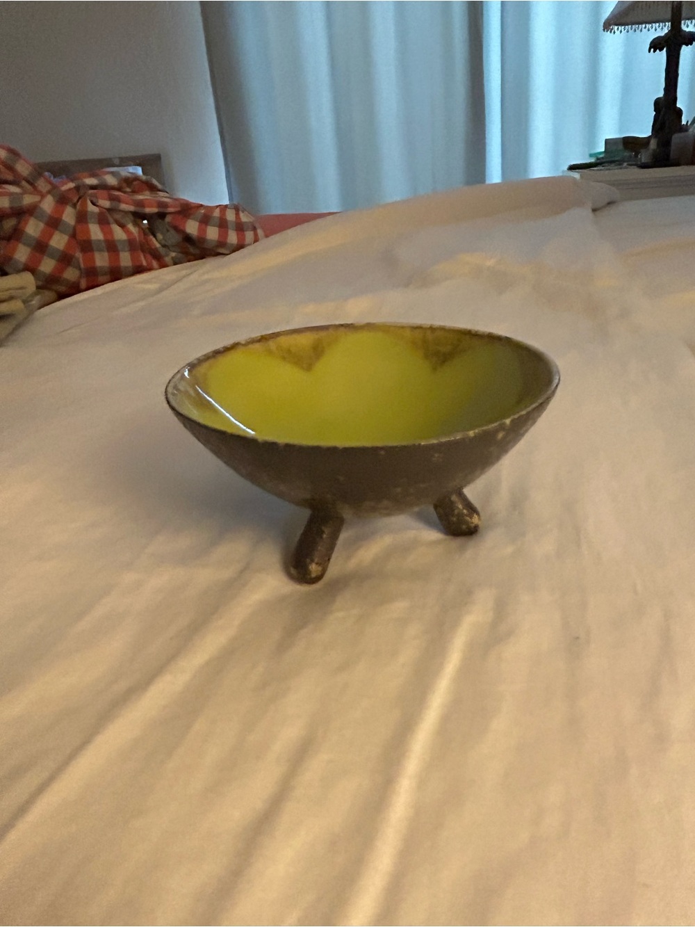 Rustic Japanese Green & Brown Glazed Ceramic Footed Bowl - Home Art Accent
